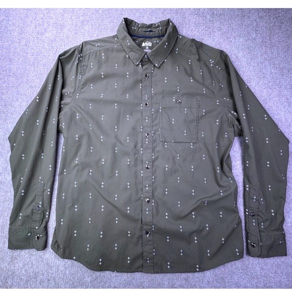 REI Co-op Mens XL Olive Green Diamond Western Print Long Sleeve Button Up Shirt - Picture 3 of 9